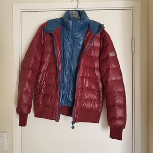 Yes Zee Down Puffer Jacket Medium Hood Red Blue Italy